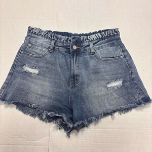 Hayden Medium Wash Scrunch Waist Denim Shorts Size Large Raw Hem